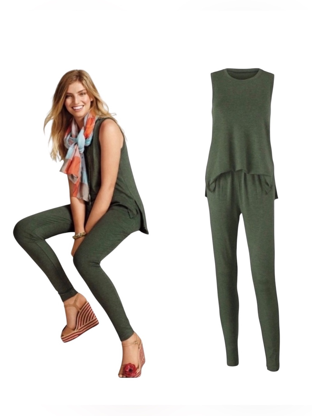 CAbi Olive Green Sleeveless Jumpsuit Size Large Crewneck Loungewear Travel